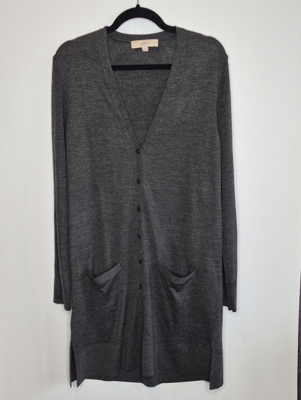 LOFT Dark Gray Long Cardigan with Front Pockets Wool Blend XL Extra Large